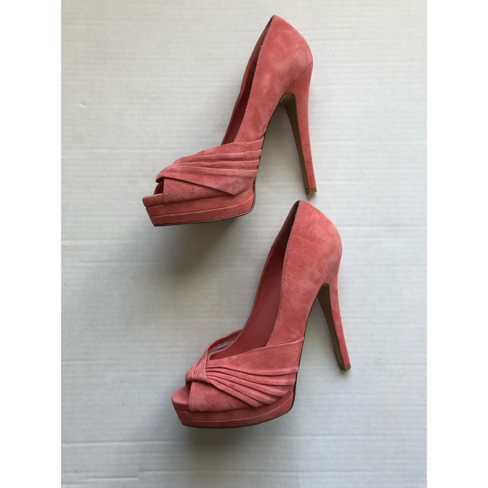 Coral Pink Suede Peep Toe Heel